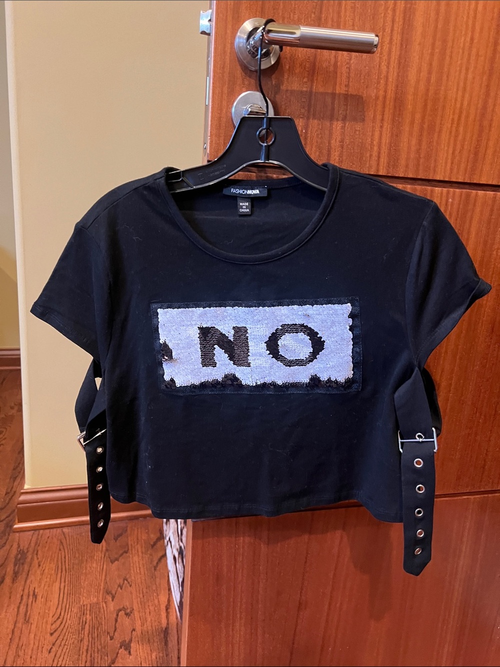 Fashion Nova Black Crop Tee with White 'NO' Graphic Top Shirt Medium